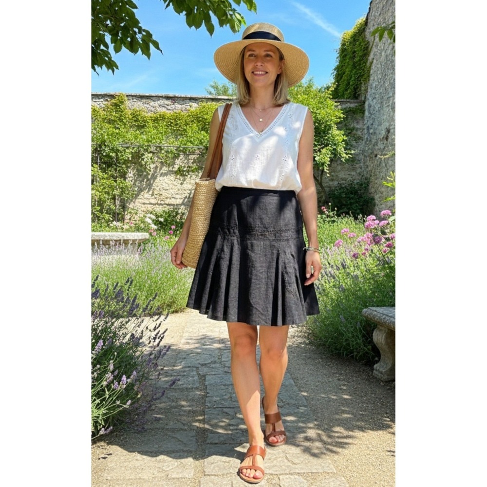 Lauren Ralph Lauren Skirt Womens 14‎ Black Linen Pleated Crochet Trim